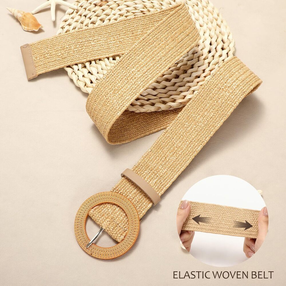 3852 Straw Woven Stretchy Belt For Women Dresses, Wide Boho Elastic Brown - Picture 3 of 6